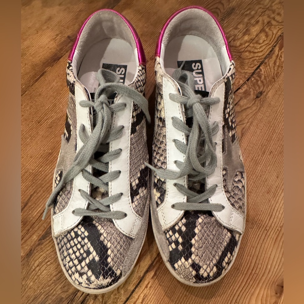 Golden Goose Superstar Snake leather sneakers w/ hot pink heel cap + suede star